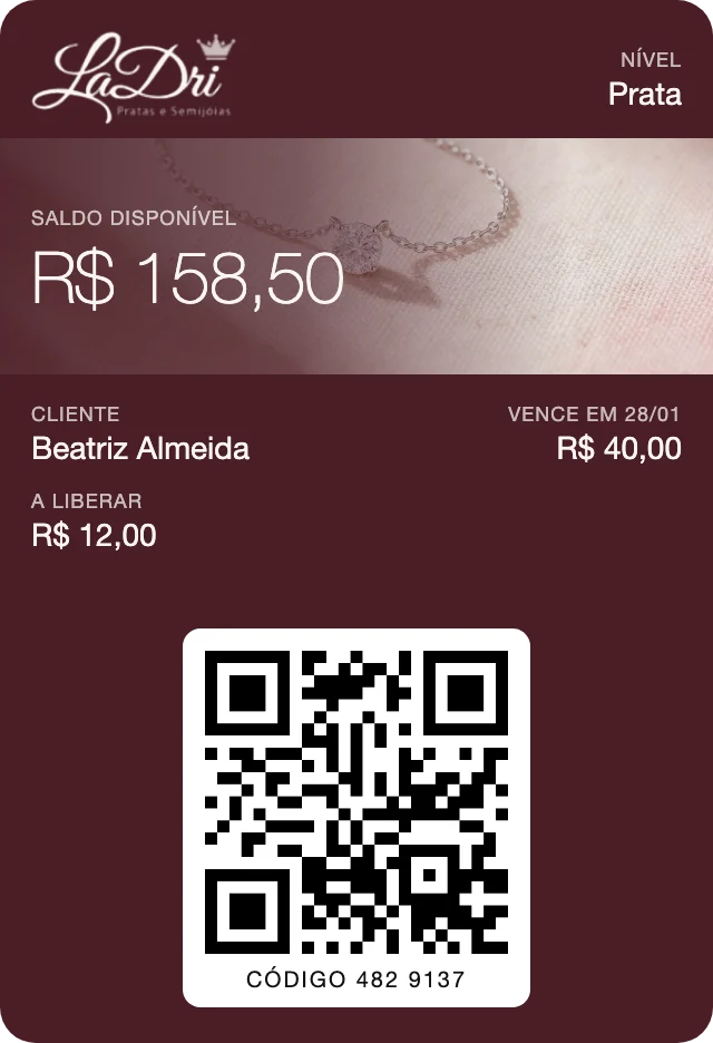 Cartão do Clube Ladri na carteira do celular, com saldo, nível, cliente de demonstração e QR para o balcão