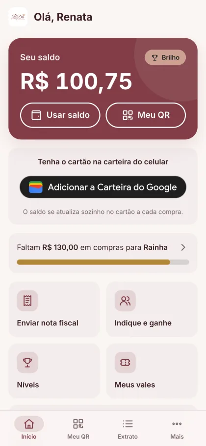 Clube Ladri no celular: saldo de cashback, nível Brilho, botão para salvar o cartão na carteira do Google e atalhos para nota fiscal e indicação