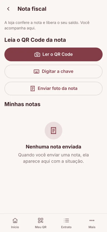 Tela Nota fiscal do clube: ler o QR Code, digitar a chave ou enviar foto da nota