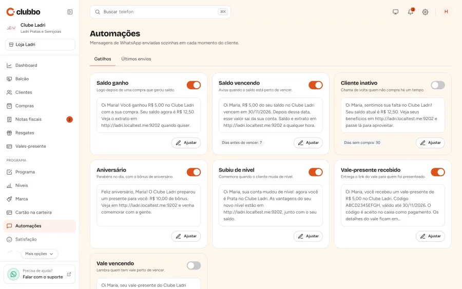 Tela de automações do painel Clubbo com saldo ganho, saldo vencendo, cliente inativo, aniversário, subiu de nível e vale-presente recebido